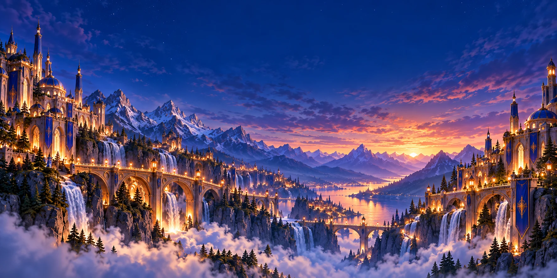 A copper-lit bridge opens across a luminous cobalt mountain valley