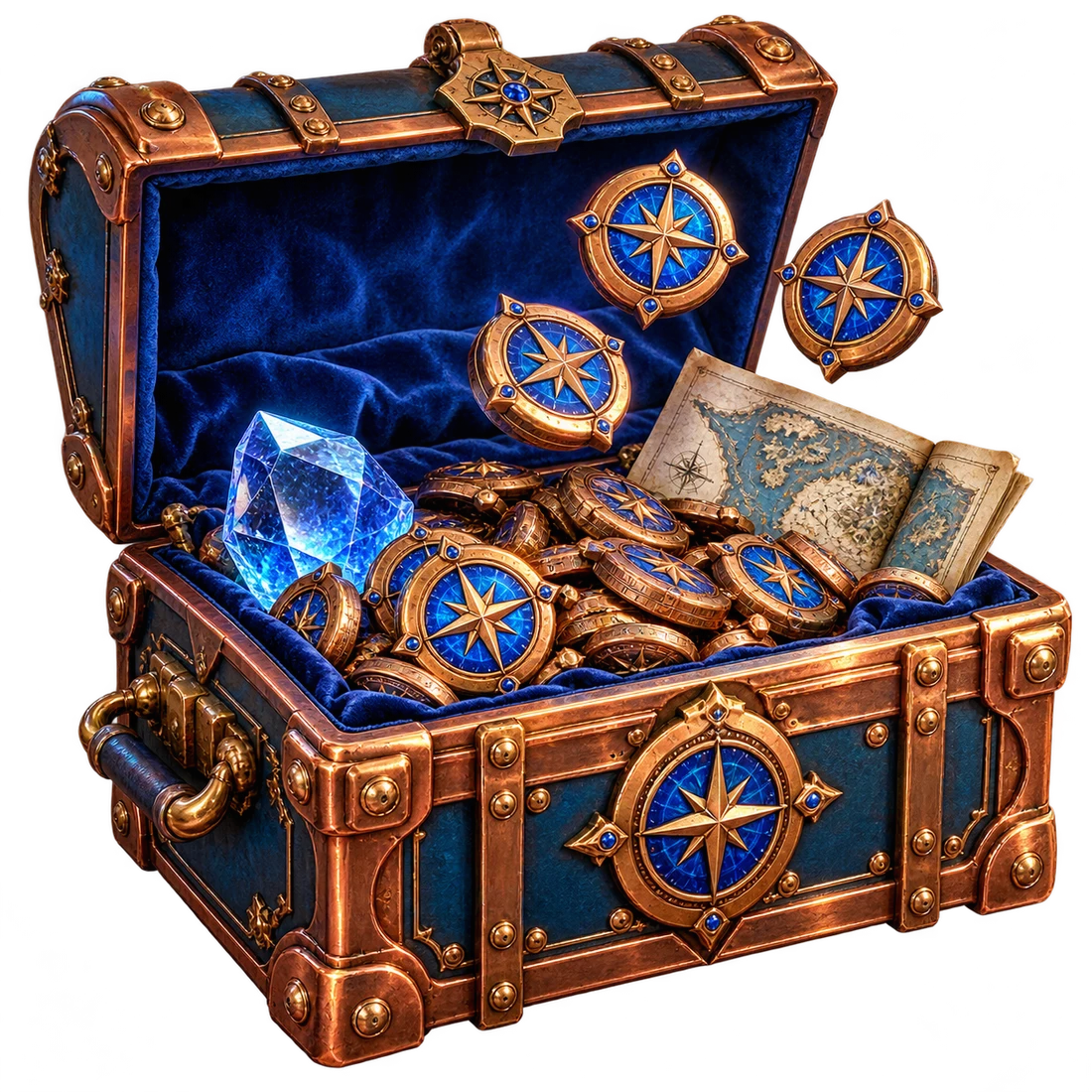 An open sculpted copper chest holds blue compass Play Credits